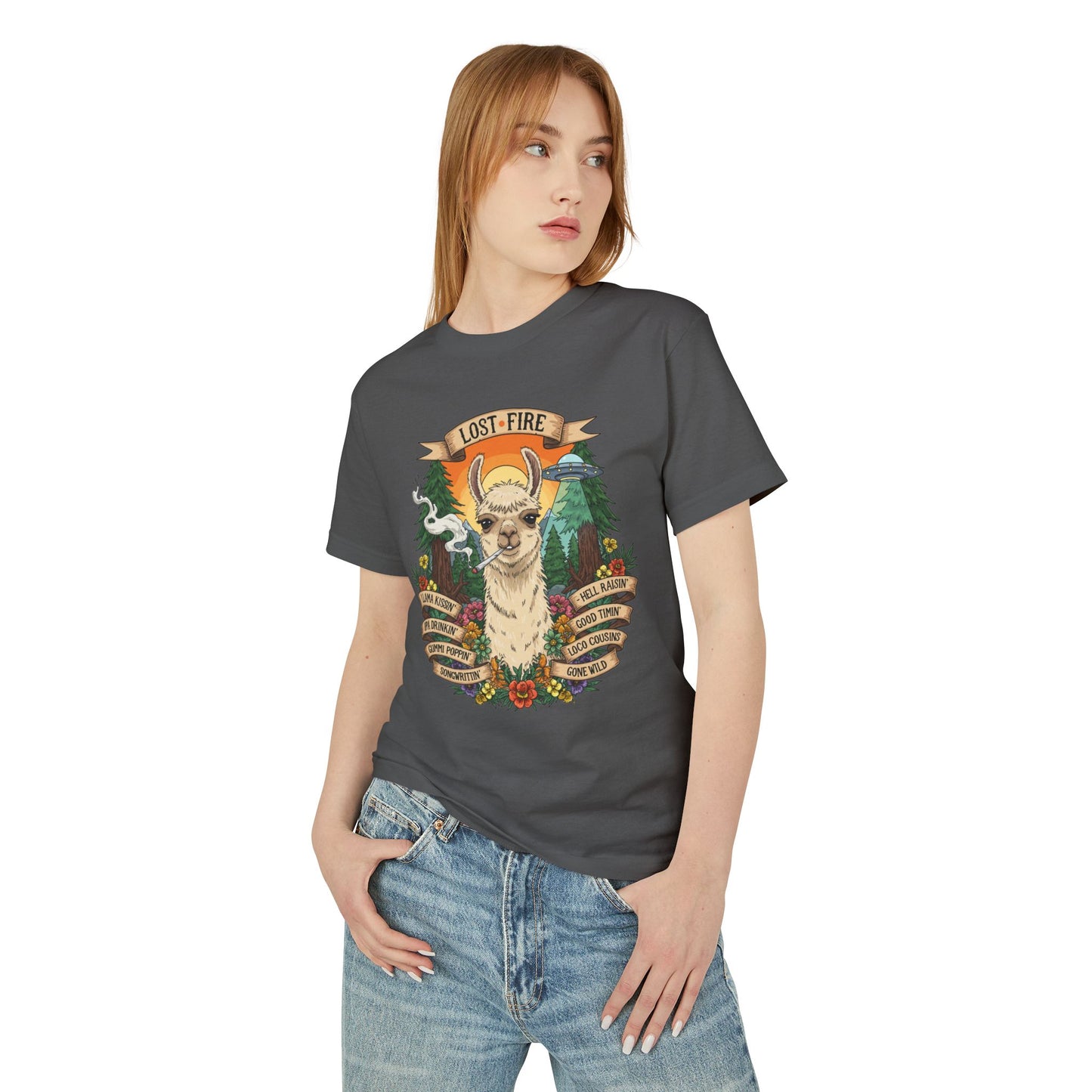 Llama Kissin' Beer Drinkin' etc - Lost Fire logo (back) - Unisex Heavyweight Cotton Tee