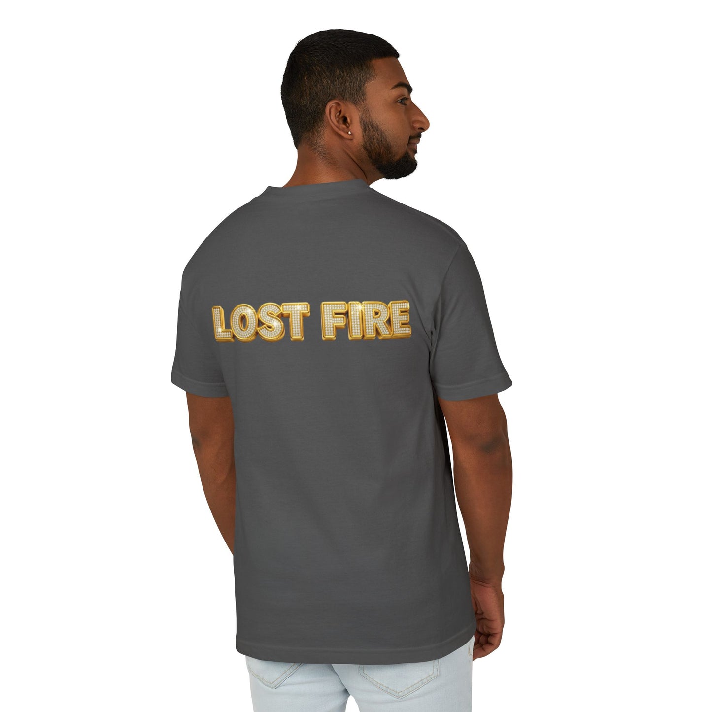 Copy of Copy of Lost Fire Logo front Tee - With Debut Album Cover, Iconic "Mooner BBQ"  on Back - Unisex Heavyweight Cotton T-Shirt