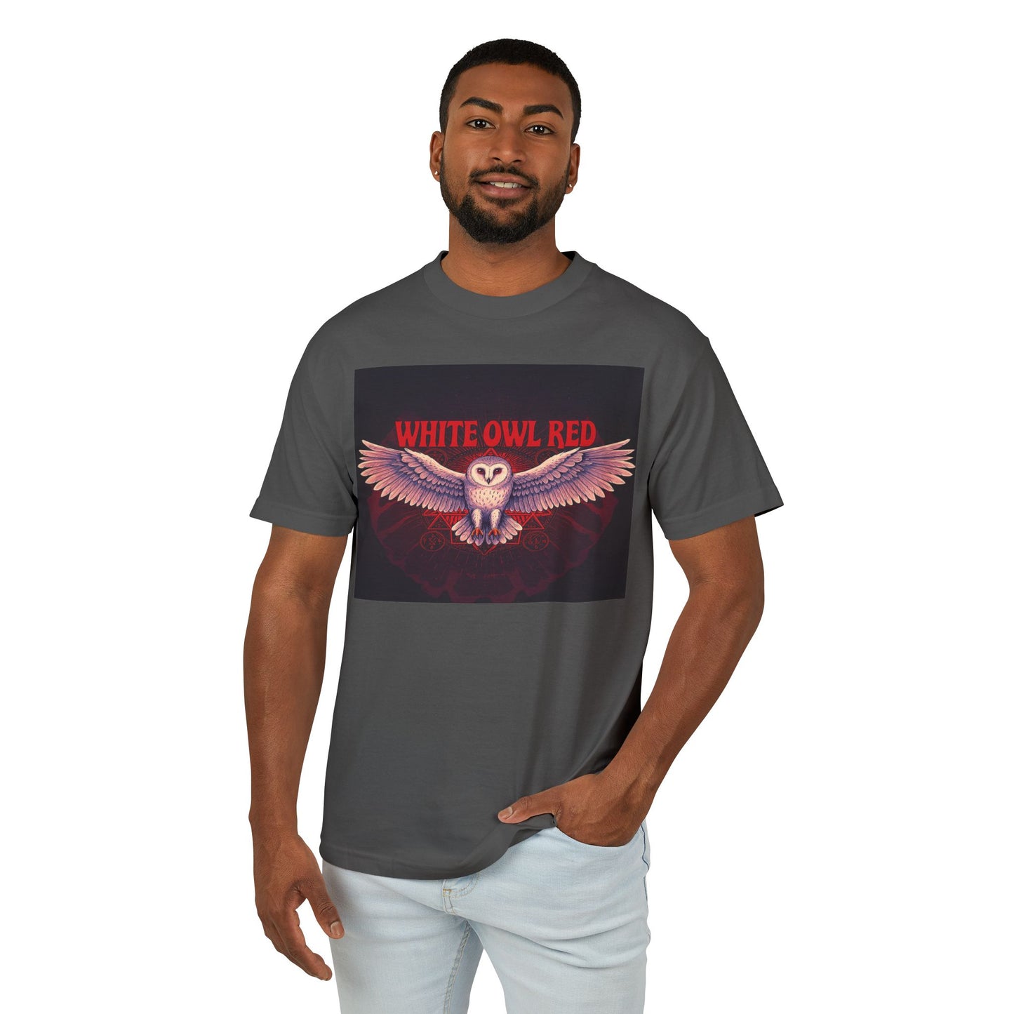 White Owl Red Unisex Garment-Dyed Heavyweight Cotton Tee Bourgeois Dawg Records "dirty old style" Logo back
