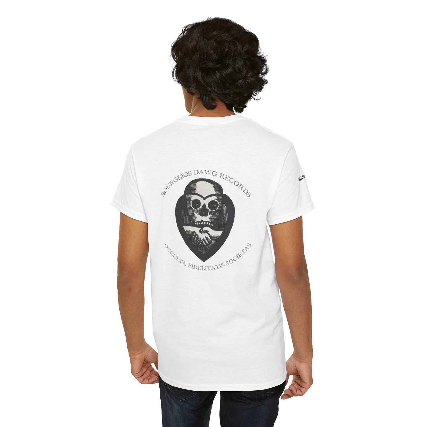MUSIC IS LOVE  - BE LOVE - Bourgeois Dawg Records logo- (backside) Unisex Cotton T-Shirt