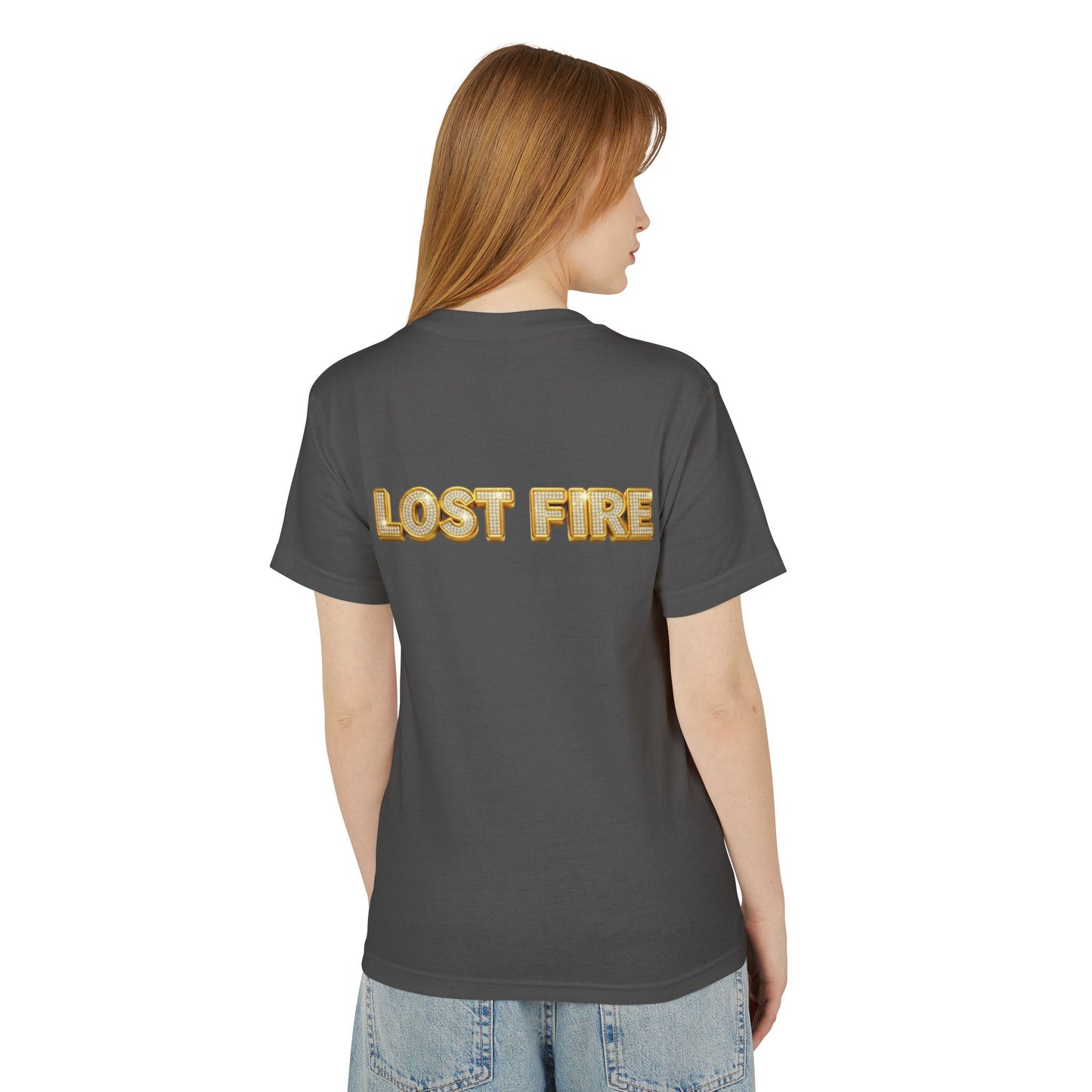 Copy of Copy of Lost Fire Logo front Tee - With Debut Album Cover, Iconic "Mooner BBQ"  on Back - Unisex Heavyweight Cotton T-Shirt