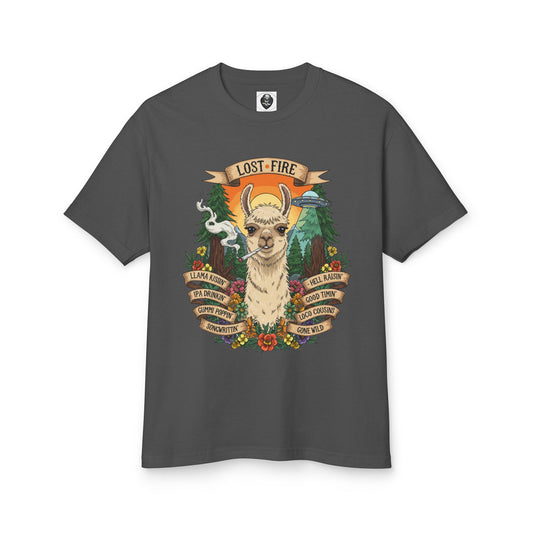 Llama Kissin' Beer Drinkin' etc - Lost Fire logo (back) - Unisex Heavyweight Cotton Tee