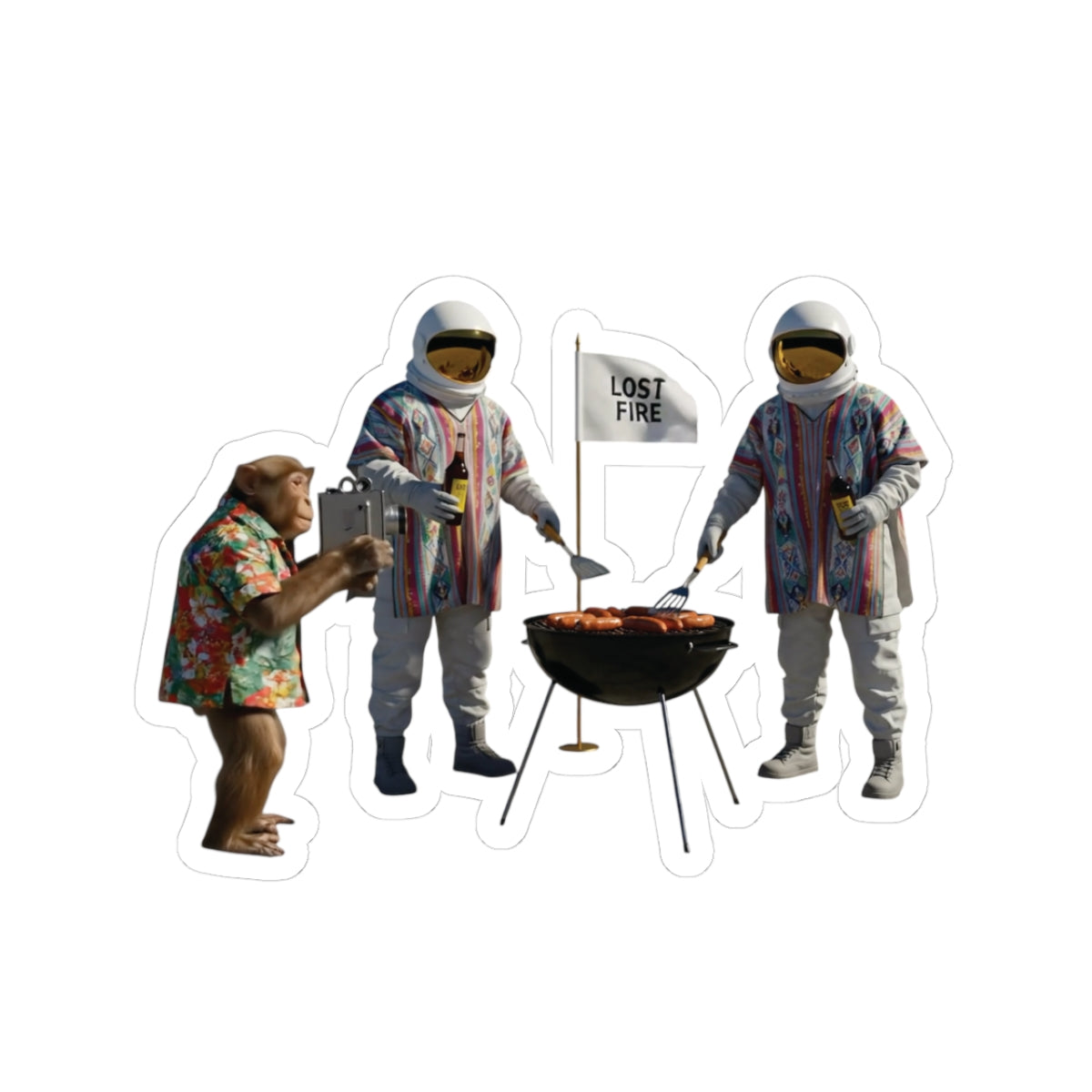 Lost Fire - Mooner BBQ w Monkey Director - Kiss-Cut Stickers, Outdoor Enthusiast Decor, Laptop Stickers, Gift for Kids, Car and Bumper Stickers